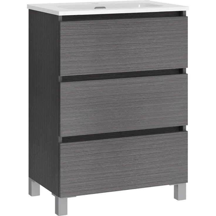 Baikal, Natura Badezimmer-Set mit reduziertem Hintergrund, mit Keramikwaschbecken, DREI Schubladen, montiert, DREI Schubladen, 3 Schubladen, ohne Spiegel, Boden 39 cm, 60 cm, Asche