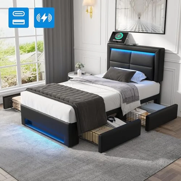 Ball & Cast Jugendbett (90x190 cm) mit 4 Schubladen, Stauraumbett mit Beleuchtung, USB und kabelloser Ladestation, Polsterbett Einzelbett ohne Matratze, Schwarz – Bild 3