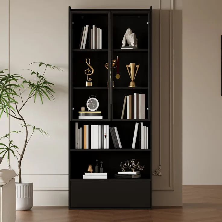 Vitrine B 80 x T 34 x H 180 cm aus MDF und Glas mit LED-Beleuchtung, Schwarz