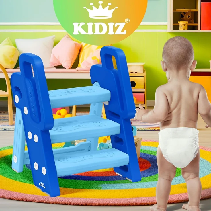 KIDIZ® Tritthocker für Kinder Trittleiter Klappbar mit 3 Stufen | Faltbarer Lern-Turm ab 18 Monaten bis 6 Jahren | Robust | Sicherer & Stabiler Trittschemel | Höhenverstellbar Rutschfest Blau / Hellblau – Bild 5