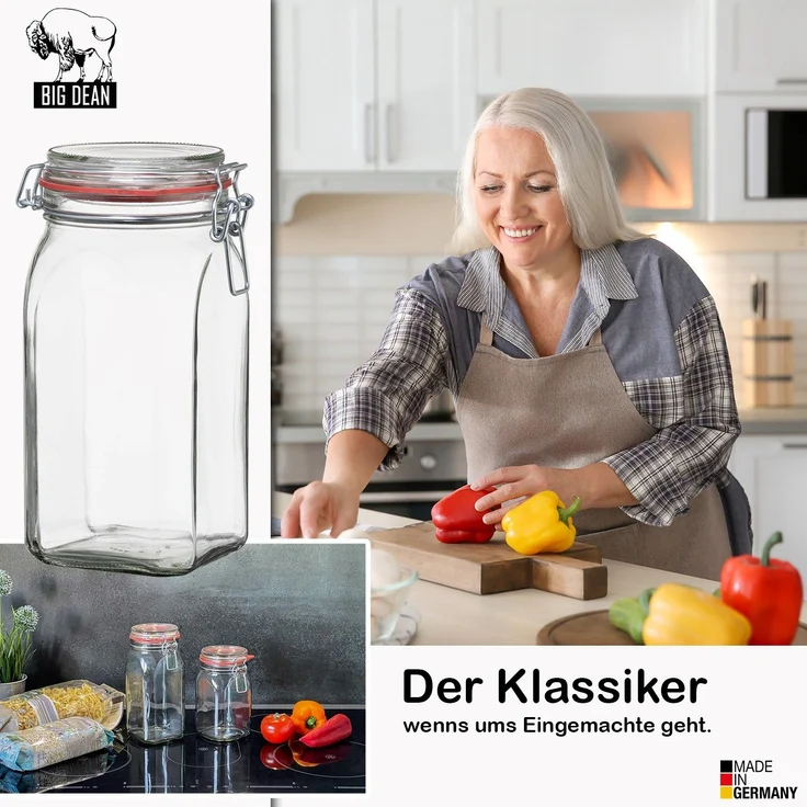 BigDean 4er Set Vorratsgläser 1,1L - Einmachgläser mit Deckel & Bügelverschluss - Made in Germany - Drahtbügelgläser zum luftdichten Aufbewahren, Einlegen & Einkochen - Glas, eckig – Bild 6