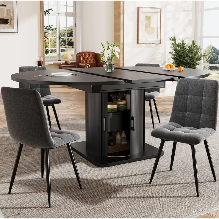 Esstisch 118-158x118x76 cm ausziehbar in Schwarz, rund zu oval, mit Stauraum – Bild 4