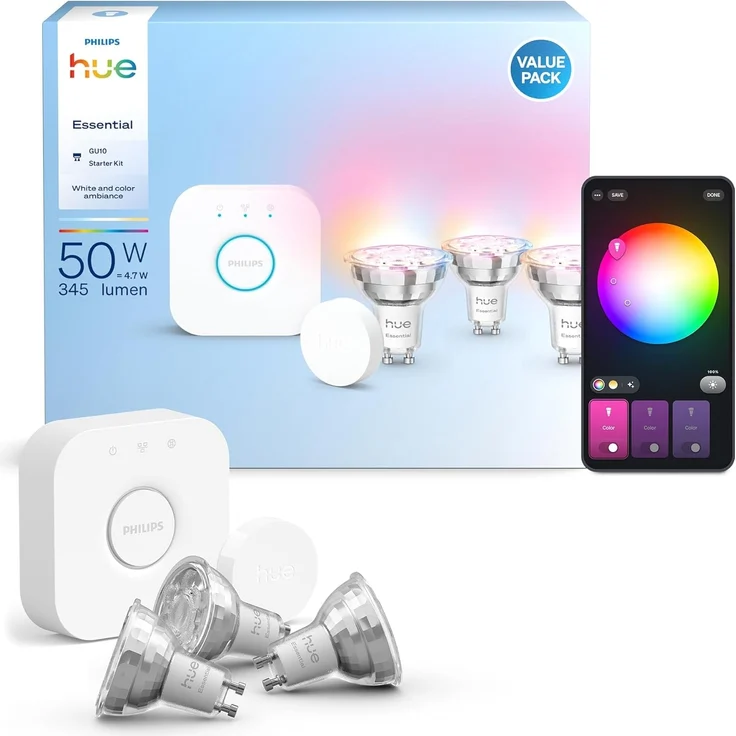 Philips Hue Essential Starter-Set: Bridge + 3 Essential GU10 smarte Lampe + Smart Button, White und Color Ambiance, 2200-6500K, dimmbar, funktioniert mit Alexa, Google Assistant, Apple Home – Bild 1