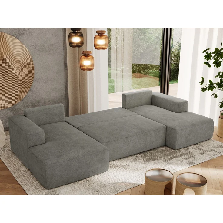 U-förmiges Ecksofa mit Schlaffunktion, Bettkasten und losen Kissen, zwei Armlehnen - TRENTINO U - Grau Stoff – Bild 3