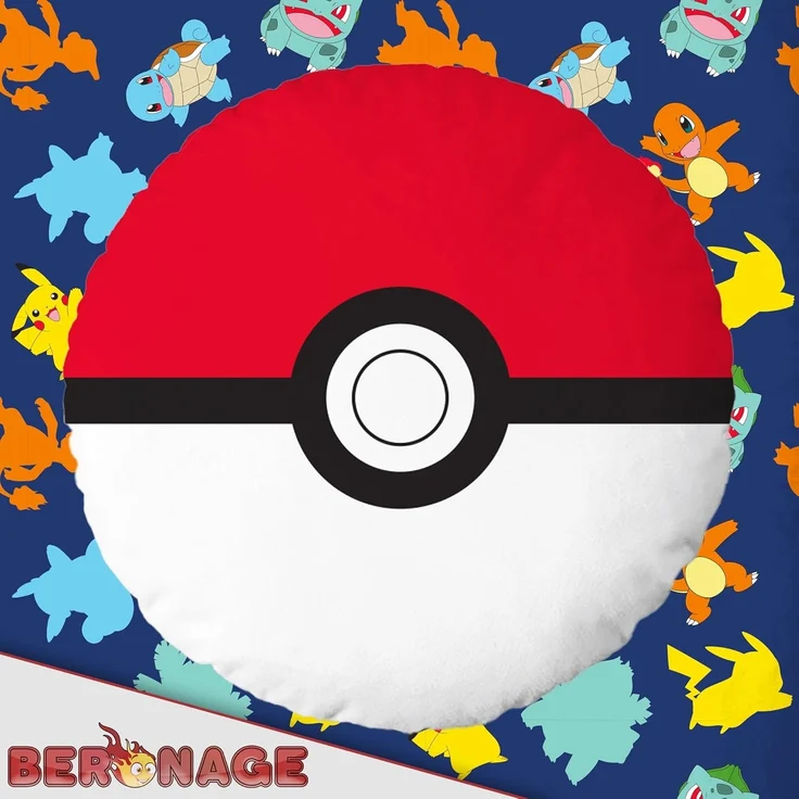 BERONAGE Dekokissen Pokemon Pokéball Konturen-Kissen rund 30x30 cm 100% Polyester, passend zur Bettwäsche, ideal für Sofa, Couch, Bett, Auto, Camping – Bild 4