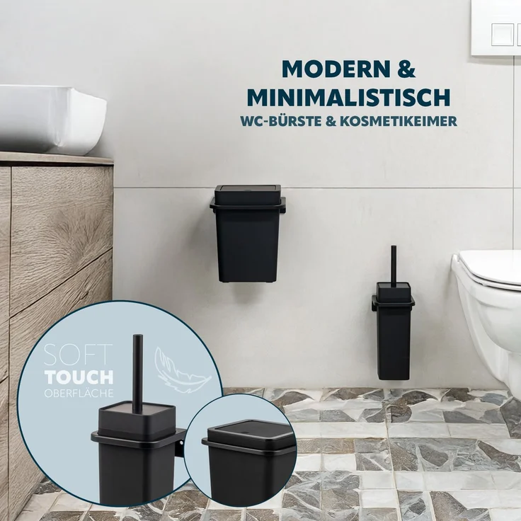 2tlg. Bad-Set SAVONA Softtouch inkl. Wandhalterung, Kosmetikeimer 6 Liter und WC-Garnitur, eckig - schwarz – Bild 2