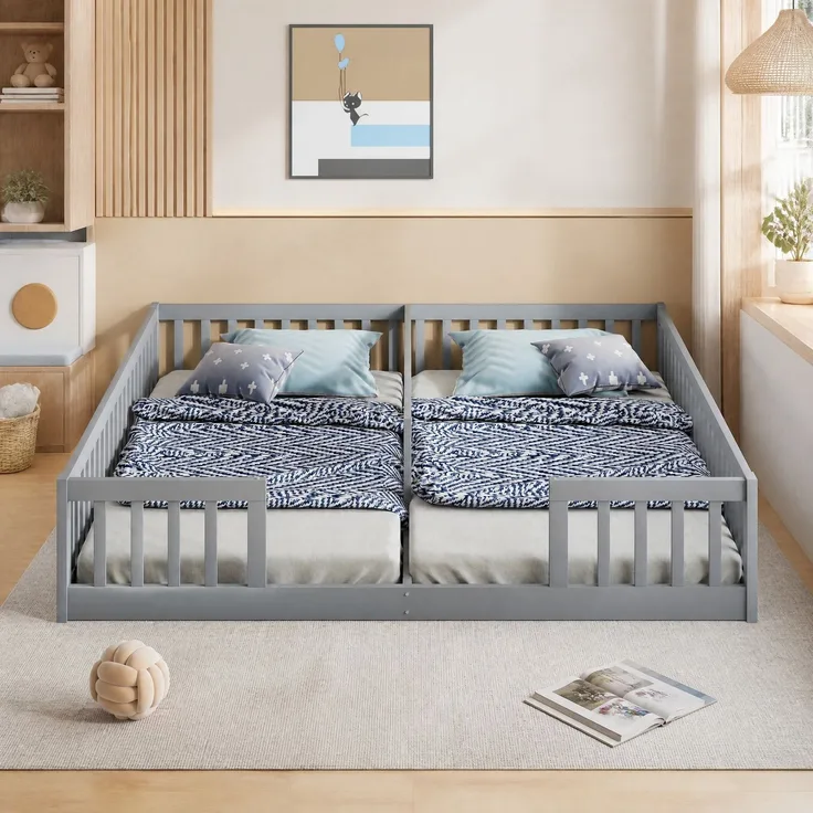 CHICFURN Bett aus Kiefernholz und MDF Grau 90x200 cm mit Sicherheitsgitter und Lattenrost