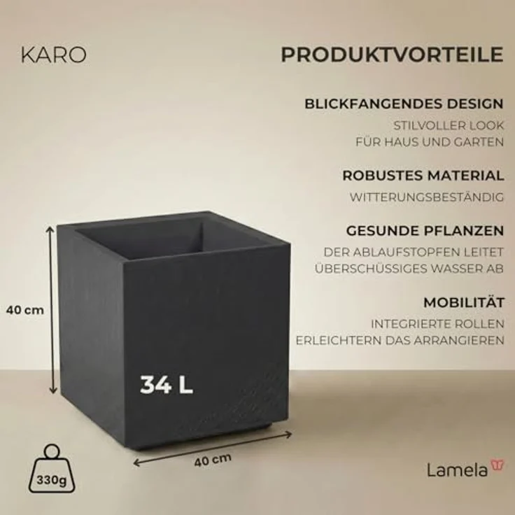 LAMELA Pflanzkübel mit Rollen 40 cm, 36L – Blumentopf aus Kunststoff in Betonoptik – Übertopf mit Wasserablauf – Modern für Innen & Außen - Wetterfest & Pflegeleicht, Schwarz – Bild 3