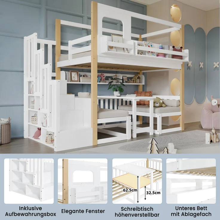 Merax Etagenbett, 90x200cm Kinderbett, Multifunktionaler höhenverstellbarer Tisch, mit einem kleinen Bücherregal am Bettrand, Stabile Aufbewahrungstreppe, Weiß+Natur – Bild 7