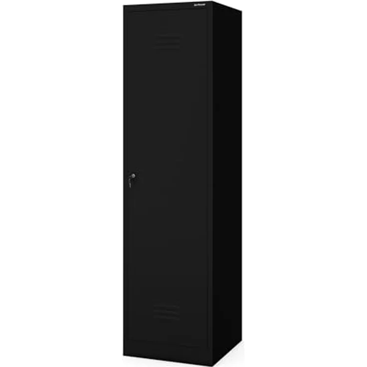 Jan Nowak Besenschrank Haushaltsschrank Metall - Agnes | 50 x 185 x 50 cm | Mehrzweckschrank Weiß mit Regale und Kleiderstange | Schloss, Belüftung | Putzschrank Schmal 50 cm Breit | Schwarz – Bild 1