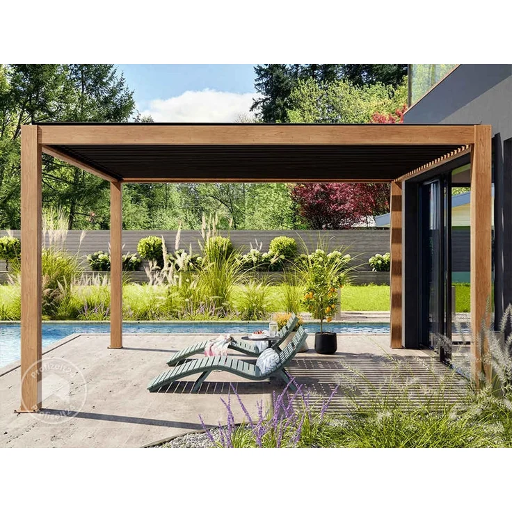PRIMEYARD Pergola 4x4 m Aluminium Pfosten mit Lamellendach aus Aluminium holzfarbene Terrassenüberdachung – Bild 4