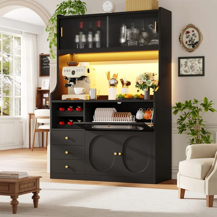 EINHOM Hochküchenschrank 120 cm mit App-gesteuerter RGB-LED, Glasschiebetüren, Weinregal & Klapptüren nach oben, 3 Schubladen, Weiß/Schwarz, Schwarz – Bild 4