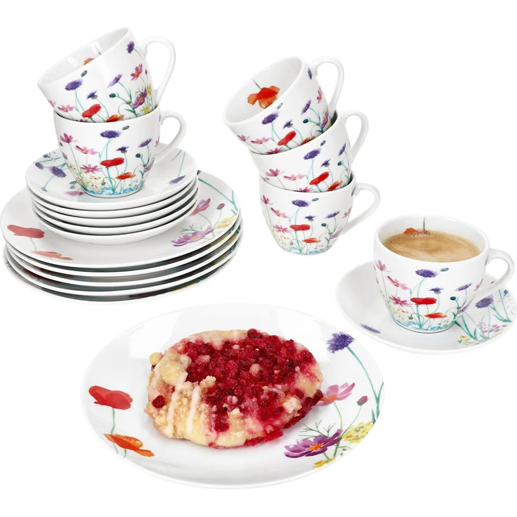 18tlg Kaffeeservice Marie Porzellan 6 Personen Tassen Untertassen Teller Blumen – Bild 2
