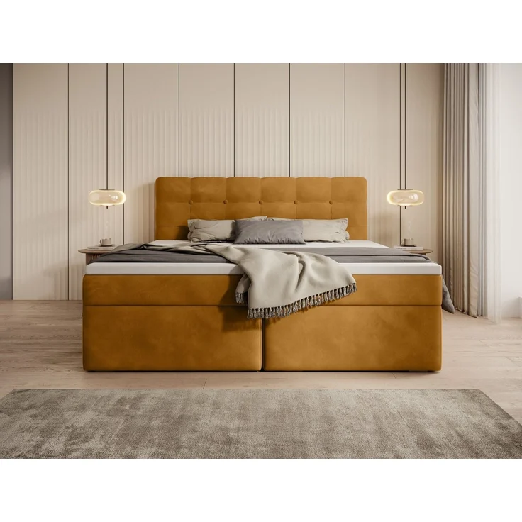 thematys Boxbett Luxus mit Bettkasten 200x200cm, mit Bonnellfederkernmatratze H3, Bouclé/Velours, mit Stauraum, mit 3 cm Topper, Senfgelb (Holland 410), Art.-Nr. S0WGG0ANDEG – Bild 4