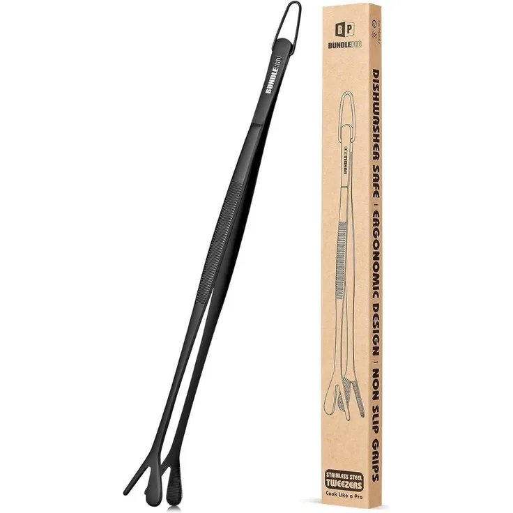 Doppelspitze Kochpinzette Edelstahl 2-in-1 Profi Küchenpinzette 30.5 cm Schwarz