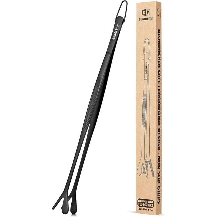 Doppelspitze Kochpinzette Edelstahl 2-in-1 Profi Küchenpinzette 30.5 cm Schwarz – Bild 1