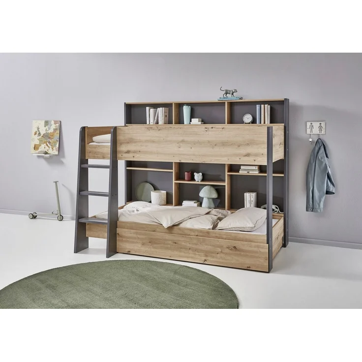 Relita Etagenbett Sely, viel Funktion auf kleinem Raum, 2 Liegeflächen, modernes Design (viele Regalfächer an der Bettrückseite, inkl. Schublade auf Rollen), viel Stauraum, pflegeleichte Melamin Oberfläche, 3 Farben zur Wahl – Bild 2