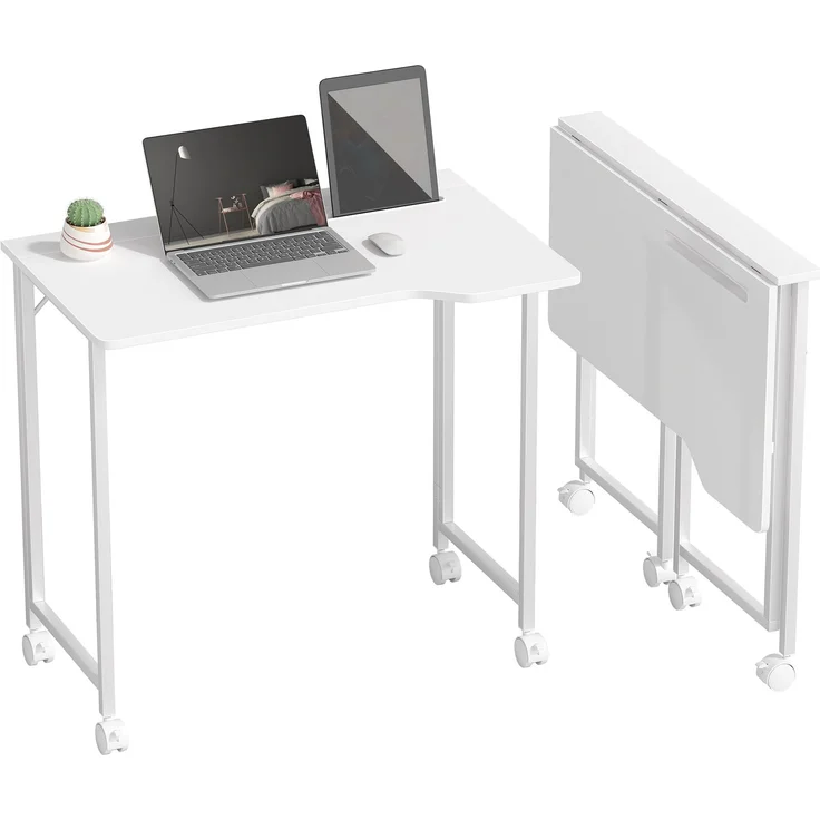 MELAYR, Schreibtisch, klappbarer Computertisch, platzsparender Bürotisch mit Rollen, 80 x 52 x 75 cm, Weiß – Bild 1