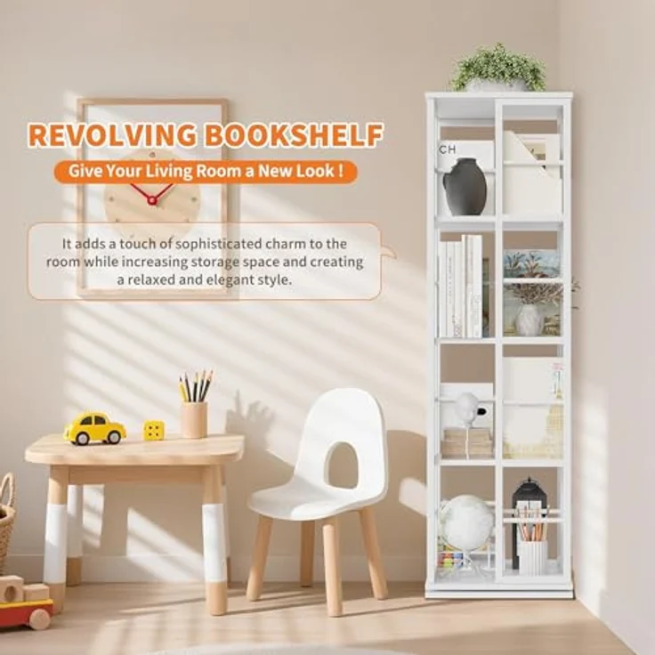 GarveeHome 5-Etagen-Drehregal Mit 360° Rotation | Schmaler Bücherturm Mit Metallschienen Für Wohnzimmer, Büro & Wohnung (40x40x137 cm) – Bild 5
