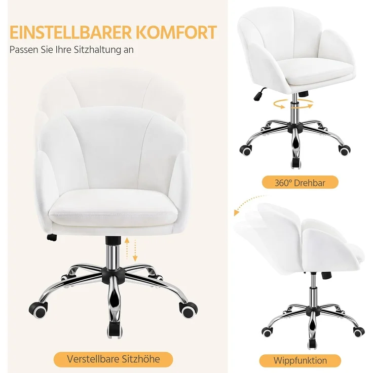 Yaheetech Homeoffice Stuhl Schminkstuhl Schreibtischstuhl höhenverstellbar Drehstuhl bis 136 kg Belastbar, SamtStuhl mit Armlehnen und Rückenlehne für Schlafzimmer Büro Wohnzimmer, Weiß – Bild 6