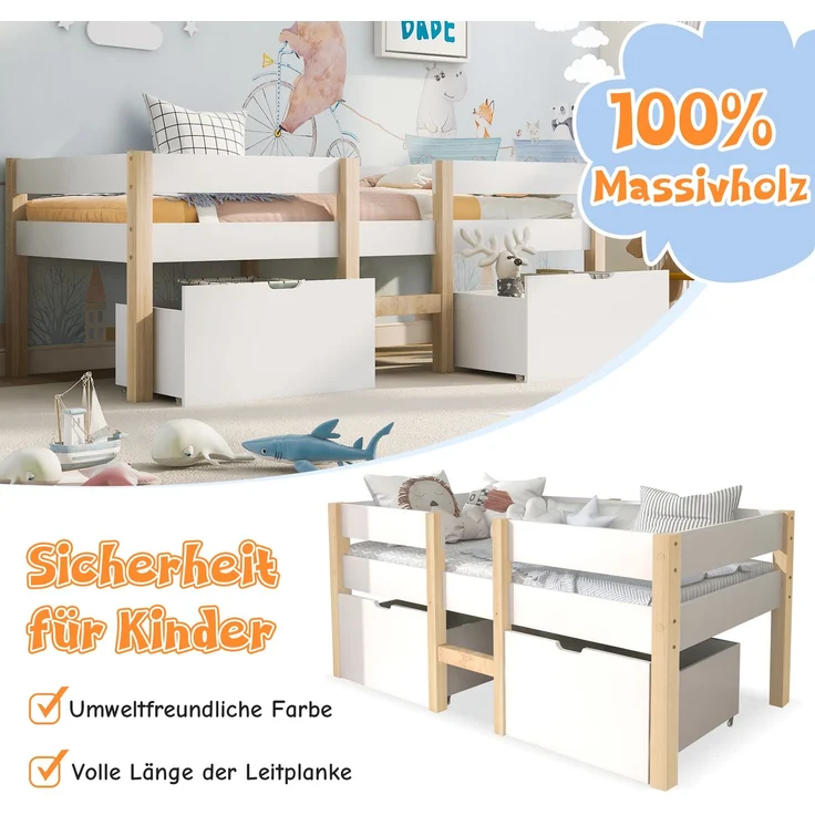 Bett Kinderbett mit Schublade und Rausfallschutz, Kiefer-Vollholz-90x200 cm-Weiß & Eiche – Bild 2