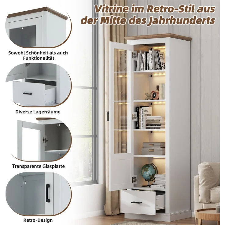 (=N625P230694696W)Moderne LED Vitrine Weiß Matt 178cm mit USB-Anschluss, Standvitrine mit Holzdekor, Gehärtetes Glas Hochschrank mit Schublade, Vitrinenschrank, 5 Fächer Display Schrank--Weiß--50x35x178cm--YOUDENOVA – Bild 9