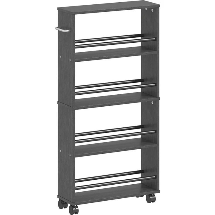Rollwagen aus Holz mit 4 Fächern und feststellbaren Rollen, 45x15x91 cm, Schwarz – Bild 5