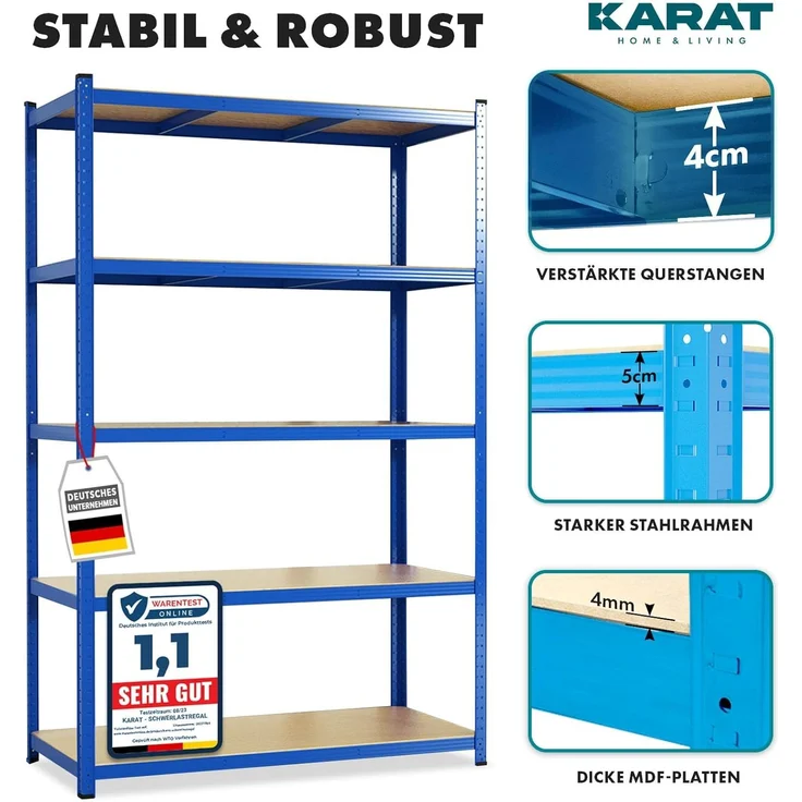 KARAT Schwerlastregal, 2er Set, 30 x 75 x 150 cm Steckregal, Kellerregal, Lagerregal - TÜV/GS-geprüft - 5 verstellbare Böden (Blau) – Bild 3