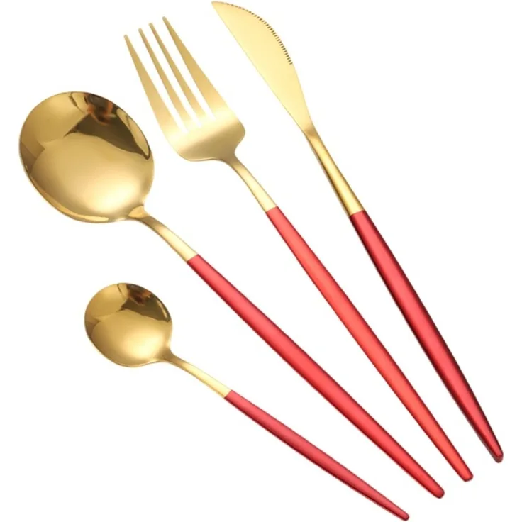 24 teiliges Besteck-Set aus hochwertigem Edelstahl für 6 Personen - Rot/Gold