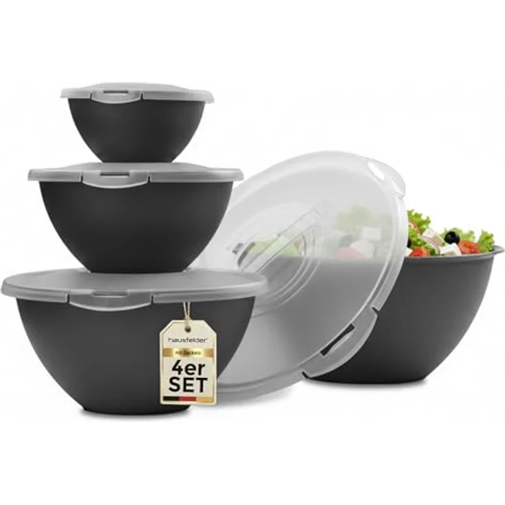 Hausfelder Salatschüssel Schüssel Set groß mit Deckel, 0,7-6 L Anthrazit Schwarz), Kunststoff, (8-tlg), Schüsseln 1x6 L, 1x3,6 L, 1x1,9 L, 1x0,7 L – Bild 2