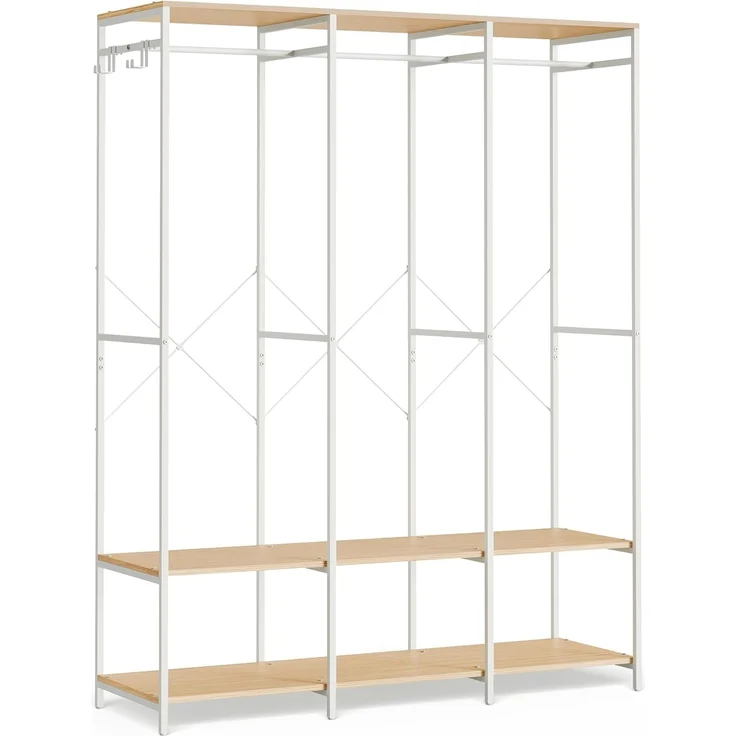SONGMICS Kleiderschrank offen, Kleiderständer, Garderobenständer, Garderobe mit Kleiderstange, Ablagen, abnehmbare Haken, 40 x 141 x 180 cm, naturbeige RGR005W67 – Bild 1