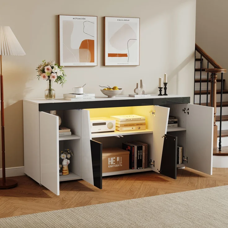 Merax 140 cm Sideboard, Großer Aufbewahrungsschrank mit 3 Schränken und 4 Türen, Abgewinkeltes Design + Schwarz-Weiß-Farbblockierung, Moderne Kommode mit LED-Lichtleiste – Bild 3
