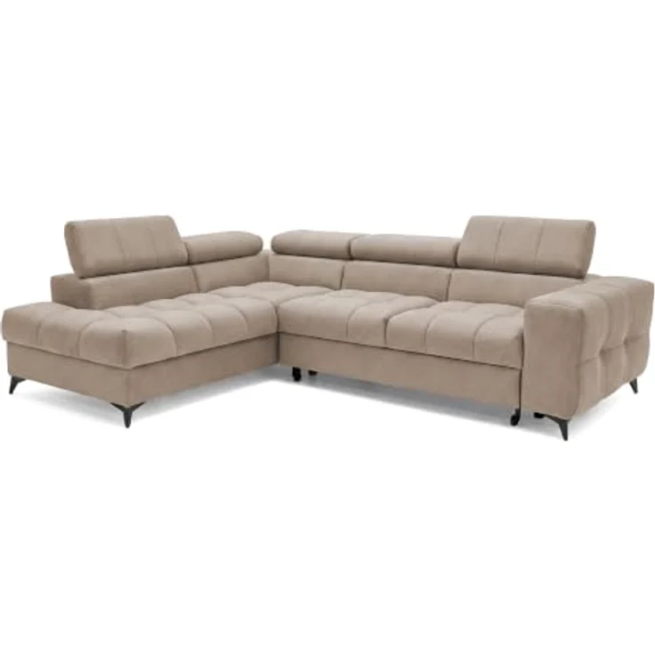 Muffo Ecksofa PUDDING L Links, Velours Beige mit Schlaffunktion 125x195 cm, verstellbaren Kopfstützen und Bettkasten – Bild 4