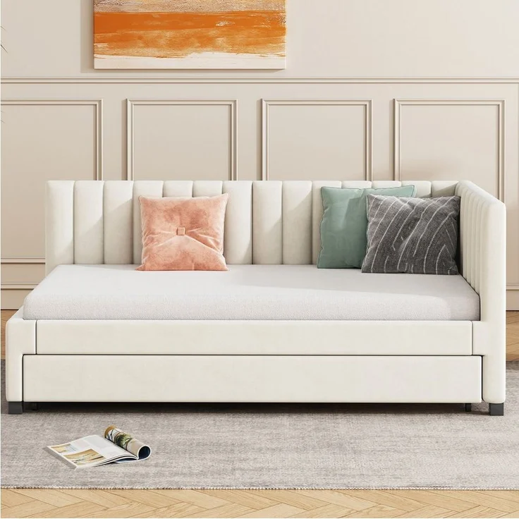 Odikalo Ausziehbett Schlafsofa Polsterbett Jugendbett Lattenrost 90/140x200 cm Grau/Beige – Bild 2
