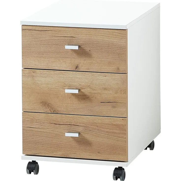 bümö Homy Rollcontainer mit Schubladen, Container aus Holz in Weiß-Eiche - Rollwagen für's Büro als Schreibtisch Unterschrank, Bürocontainer od. Schreibtischcontainer, HYRC-513