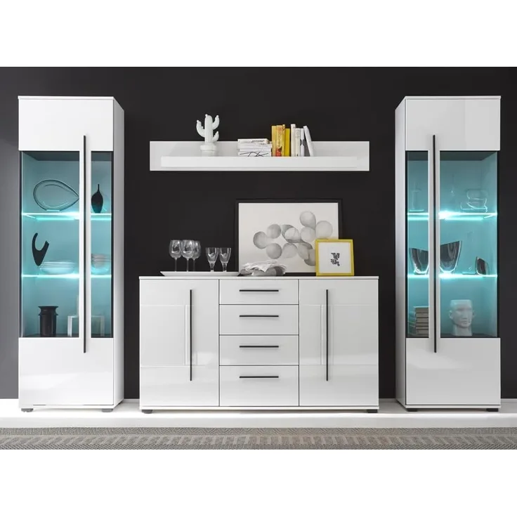 Lomadox Esszimmer-Set COLORADO-61, (Spar-Set, 2-St), weiß Hochglanz inkl. LED 300x200x42cm