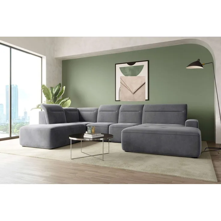 99rooms Wohnlandschaft Elvaro, Sofa, U-Form, Bezug aus Velours PALLADIUM, mit elektrischer Sitztiefenverstellung