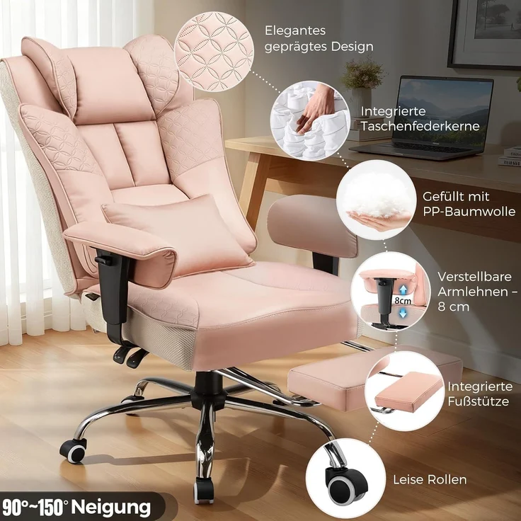 GTPLAYER Bürostuhl, Ergonomischer Gaming Stuhl mit Fußstütze Chefsessel bis 200kg, PU-Leder Schreibtischstuhl mit Taschenfeder-Kissen und Lendenwirbelstütze, Höhenverstellbar Home Office Stuhl – Bild 4