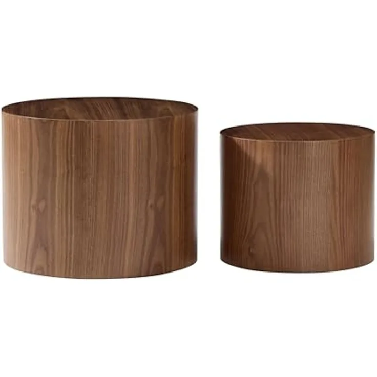 Set of 2 Nesting Round End Tables, Modern Walnut Veneer Cylinder Side Tables, Stackable Accent Coffee Tables for Living Room, Bedroom, Small Space