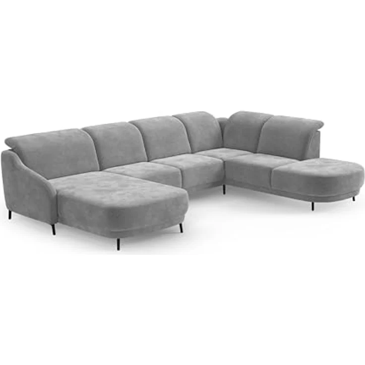 CAVADORE Wohnlandschaft Blue, Sofalandschaft mit Longchair im modernen Design, inkl. kopfteilverstellung, Vorziehsitz motorisch, Klapptisch, mattschwarzen Metallfüßen, Mikrofaser, Mittelgrau – Bild 1