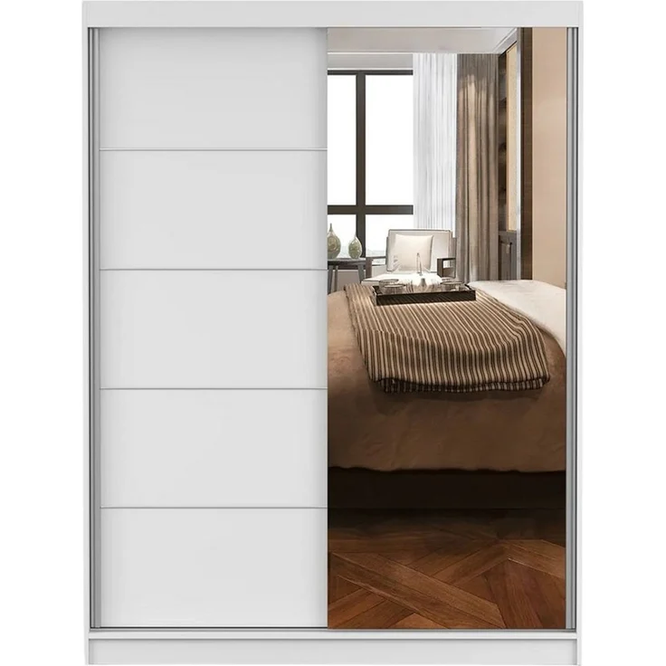 Deine Möbel 24 Schwebetürenschrank VELMA 05 Kleiderschrank 150 cm breit mit Spiegel (Set, 1-St, Weiß Matt Kaschmir Grau Eiche Sonoma) 2 Schiebetüren, 5 Einlegeböden und Kleiderstange – Bild 5