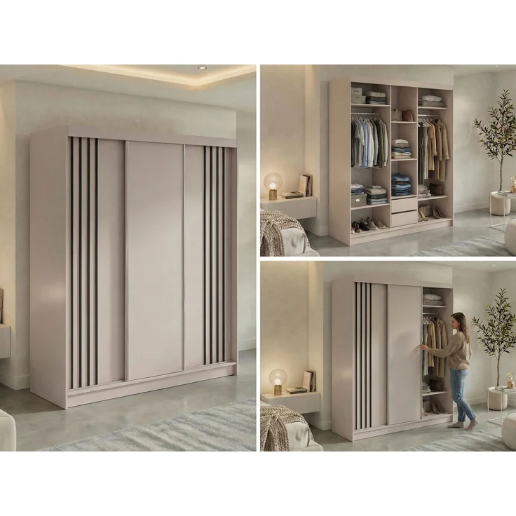 Schwebetürenschrank NAURU mit Lamellen-Optik, moderner Kleiderschrank, Breite 180 cm, inkl. Innenausstattung & Stauraum, Akustikpaneel-Design - Kaschmir und Schwarz - mit Schubladen – Bild 2