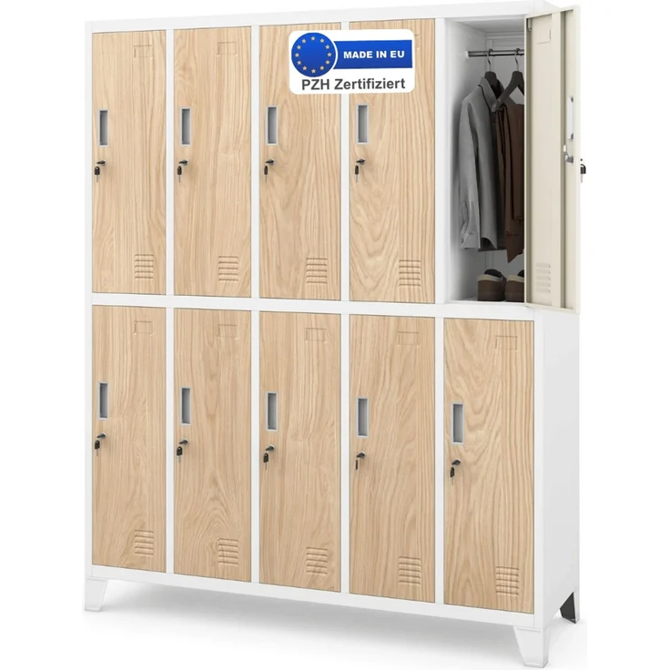 Umkleideschrank Spind BERLIN - 10 Abteile, Etikettenhalter Lüftungsschlitze | Umkleidespind Schließfachschrank Garderobenspind, 172x136x45cm Weiß-Sonoma Eiche – Bild 1