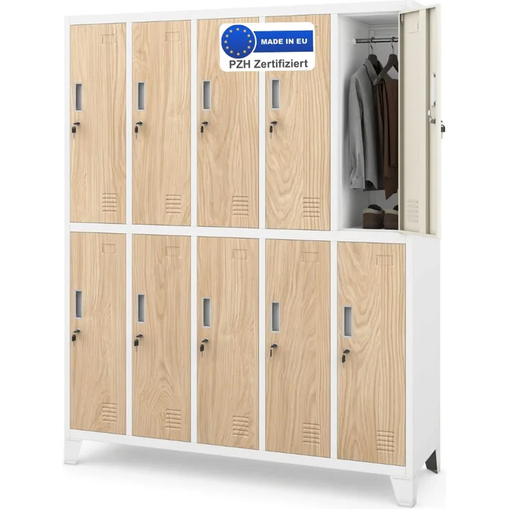 Umkleideschrank Spind BERLIN - 10 Abteile, Etikettenhalter Lüftungsschlitze | Umkleidespind Schließfachschrank Garderobenspind, 172x136x45cm Weiß-Sonoma Eiche