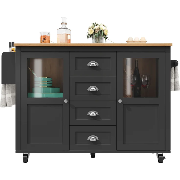 Multifunktionale Kücheninsel Schwarz 137,9×73×92,5 cm, Klapptisch, 4 Schubladen, Glastüren, Handtuch- & Gewürzregale, 92.5cmx137.9cmx45-73cm – Bild 7