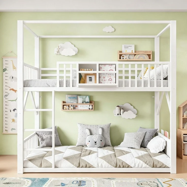 Metall-Etagenbett 90 x 200 cm für Kinder und Jugendliche, platzsparendes Einzelbettgestell mit Dachkonstruktion, Modernes Kinderetagenbett Weiß – Bild 1