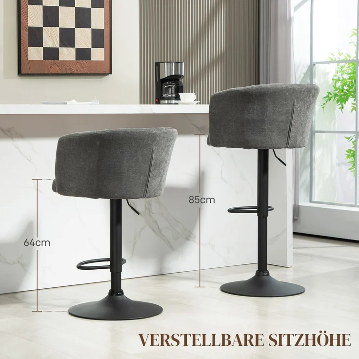 2er-Set Barhocker, Bistrohocker mit Fußstütze, Drehbar Barstuhl, Höhenverstellbar Küchenhocker mit Leinenbezug, für Wohnzimmer, Esszimmer, Dunkelgrau--Dunkelgrau--59x53x110cm--YOUDENOVA – Bild 5