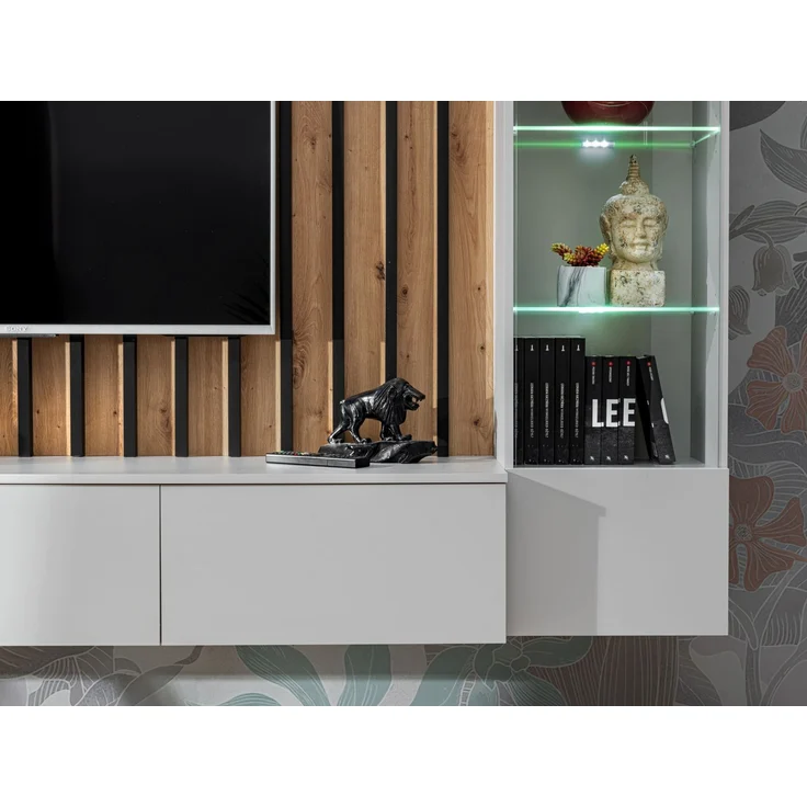 Wohnwand Verti mit Beleuchtung in Perla Gray und Artrisan mit Lamellenplatte 220 x 148 x 35 cm 3-teilig – Bild 4