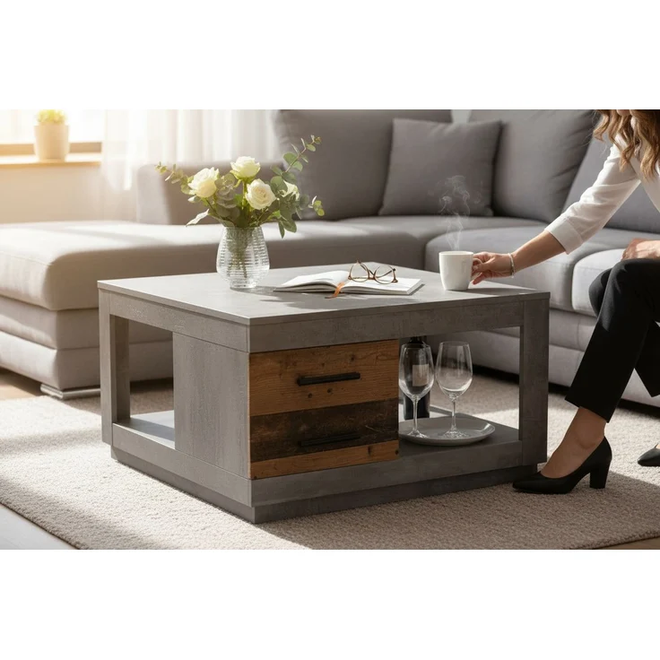 Couchtisch >Fulda< 2 Schübe, betonoxid, Old Style - 80x45,6x80cm (BxHxT) – Bild 3
