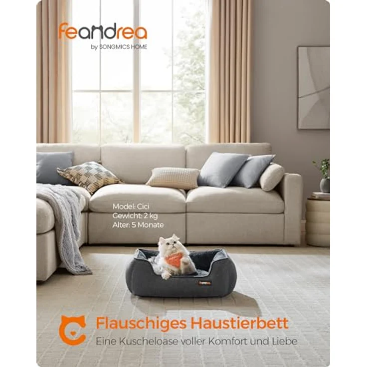Feandrea Katzenbett, Hundebett, Hundekissen in Leinenoptik, erhöhte Ränder, rutschfeste Unterseite, Bezug abnehmbar waschbar, S, für Minihund, 60 x 50 x 21 cm, dunkelgrau PGW009G01 – Bild 4